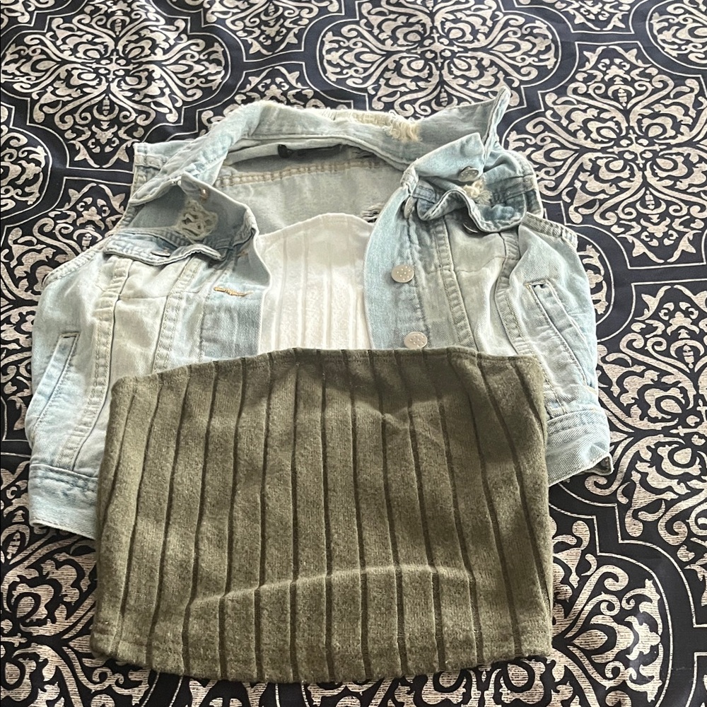 Stylish Women's Denim vest with White and Green Tops